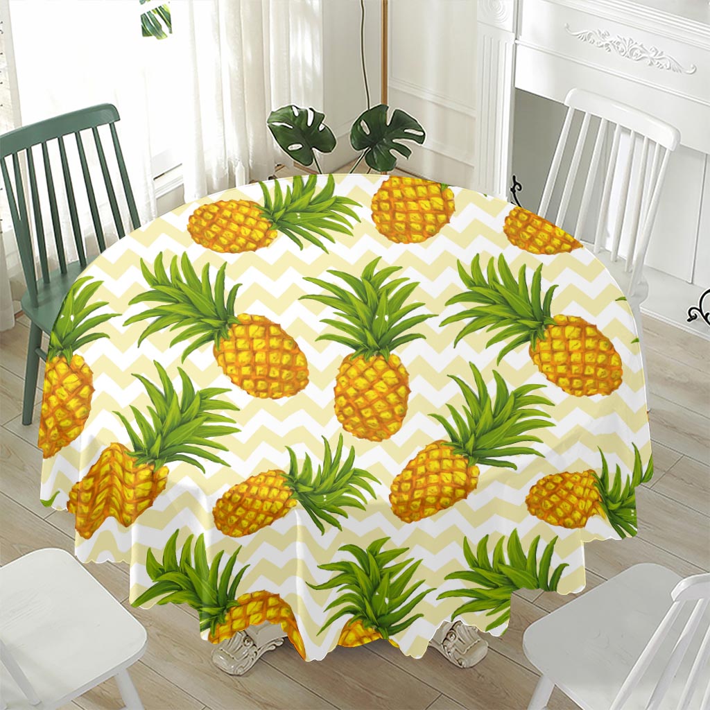 Beige Zig Zag Pineapple Pattern Print Waterproof Round Tablecloth