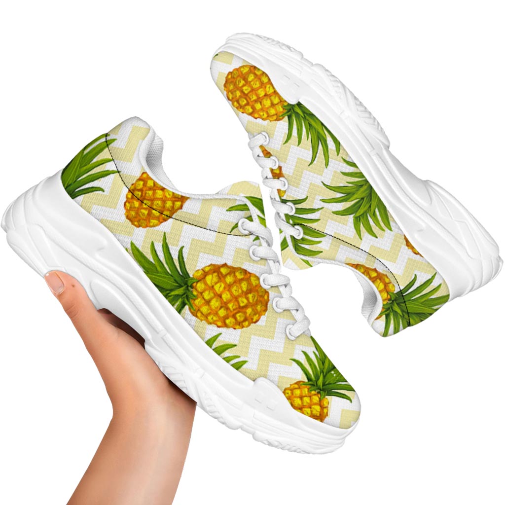Beige Zig Zag Pineapple Pattern Print White Chunky Shoes