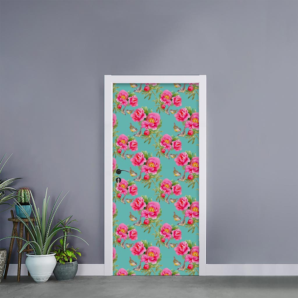 Bird Pink Floral Flower Pattern Print Door Sticker
