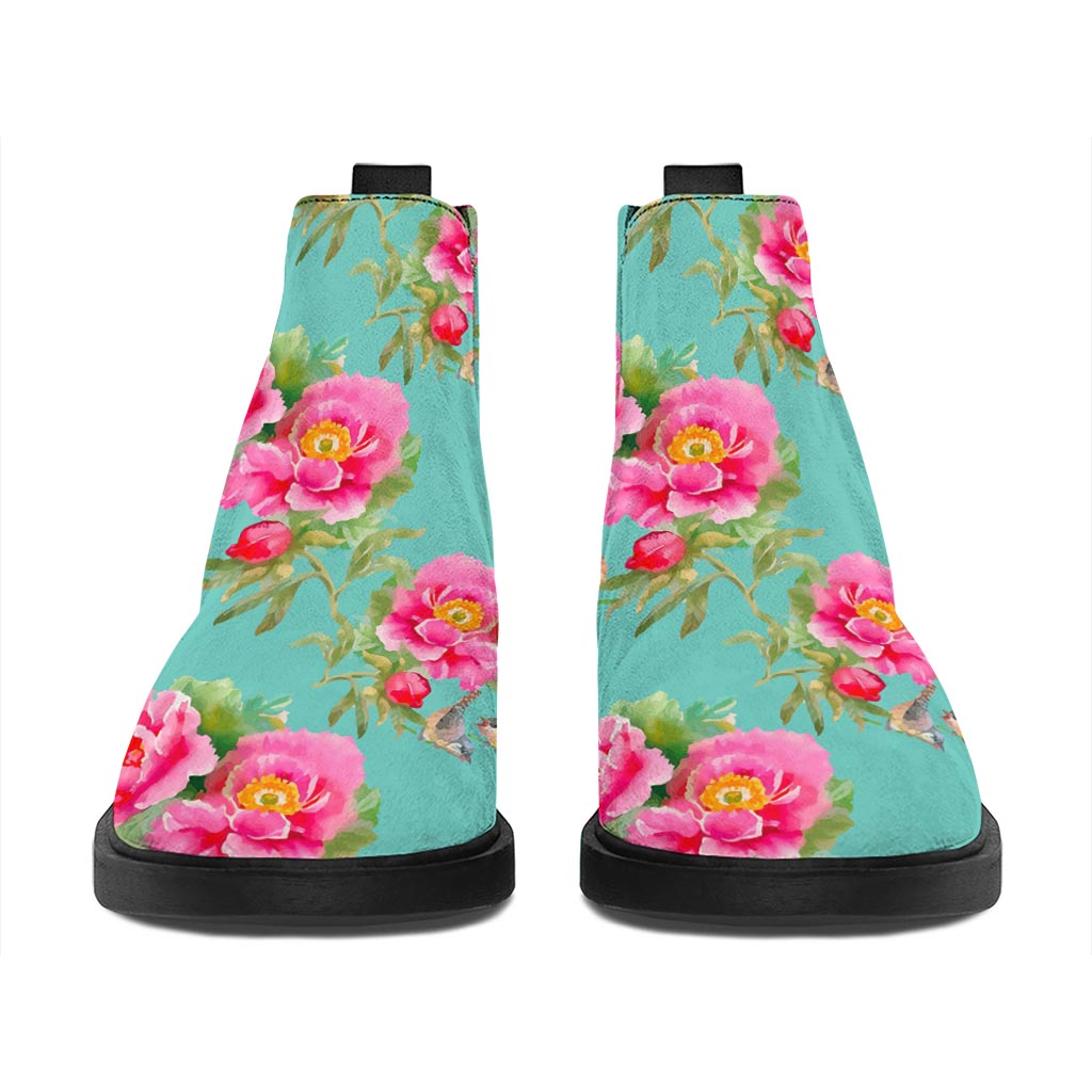 Bird Pink Floral Flower Pattern Print Flat Ankle Boots