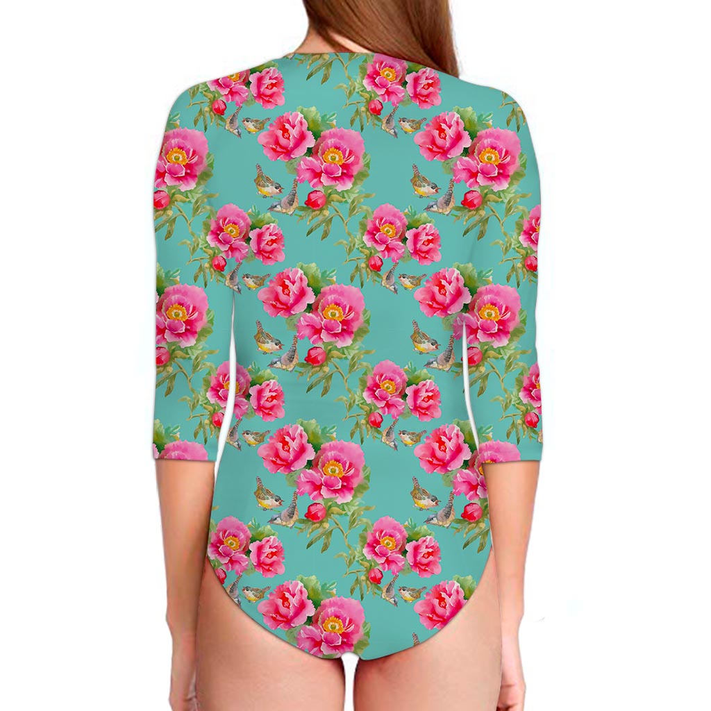 Bird Pink Floral Flower Pattern Print Long Sleeve Swimsuit