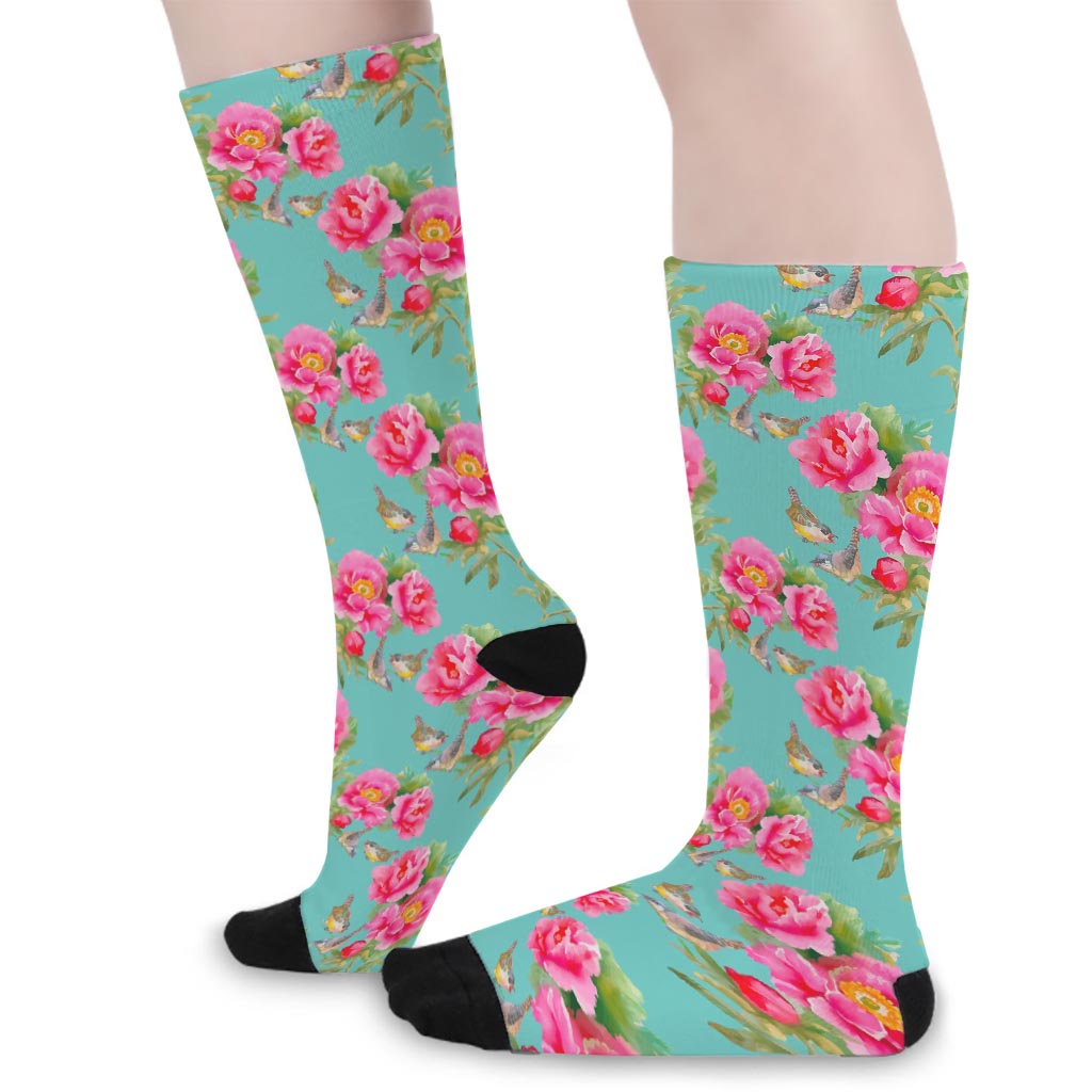 Bird Pink Floral Flower Pattern Print Long Socks