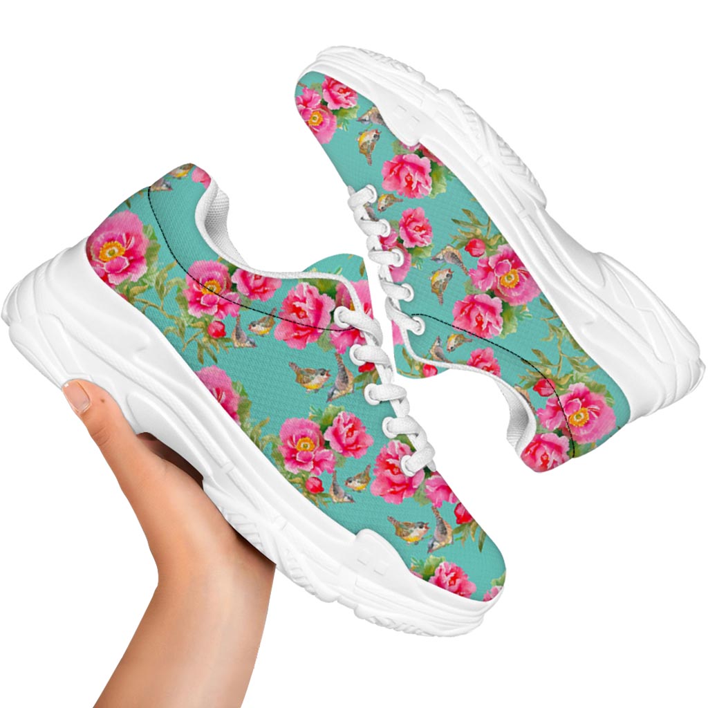 Bird Pink Floral Flower Pattern Print White Chunky Shoes