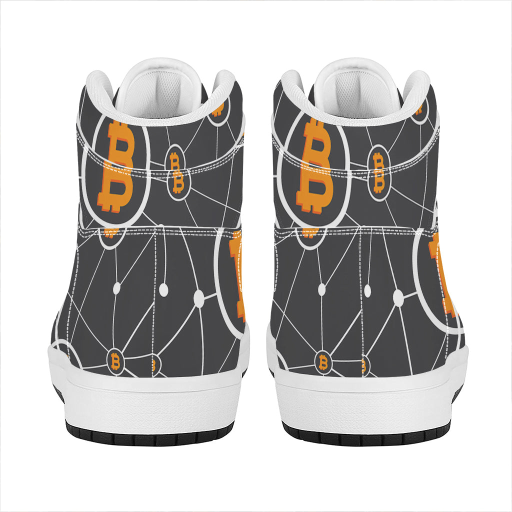 Bitcoin Connection Pattern Print High Top Leather Sneakers