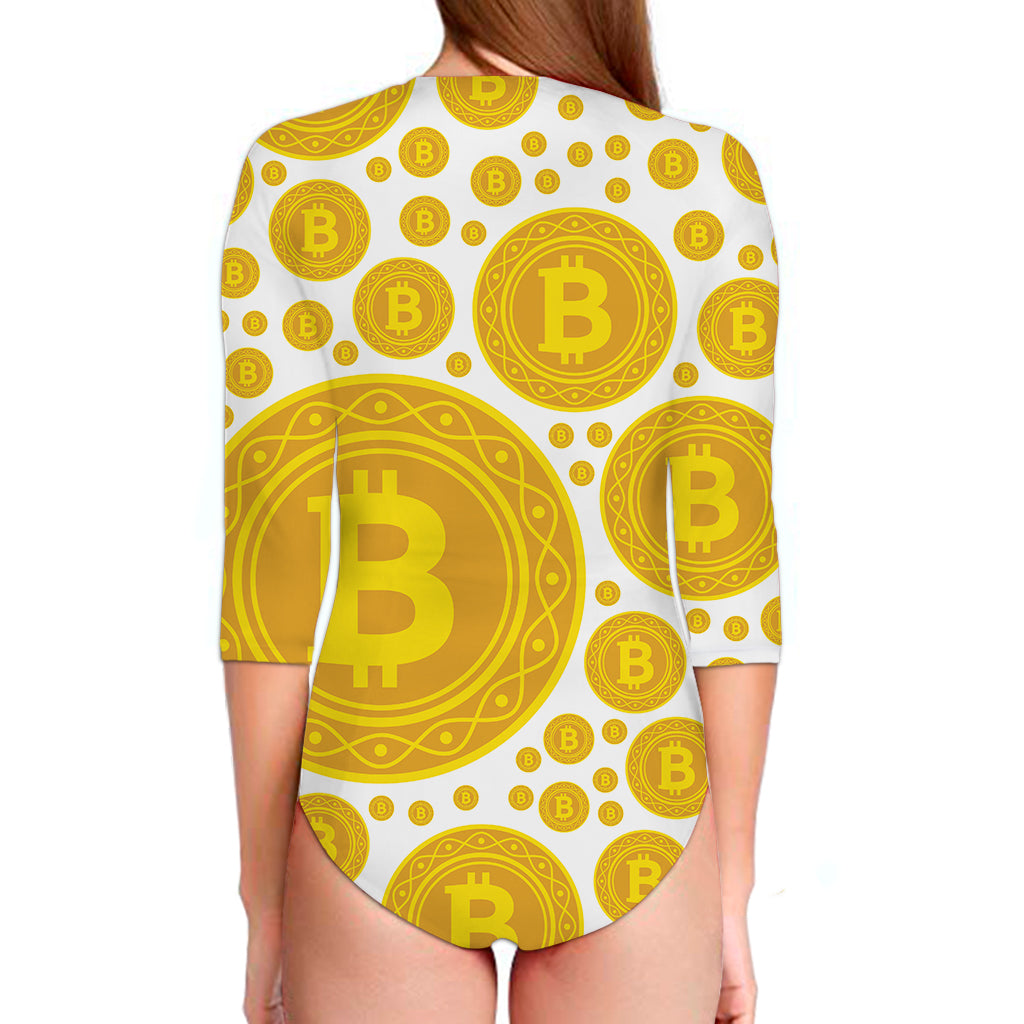 Bitcoin Crypto Pattern Print Long Sleeve Swimsuit