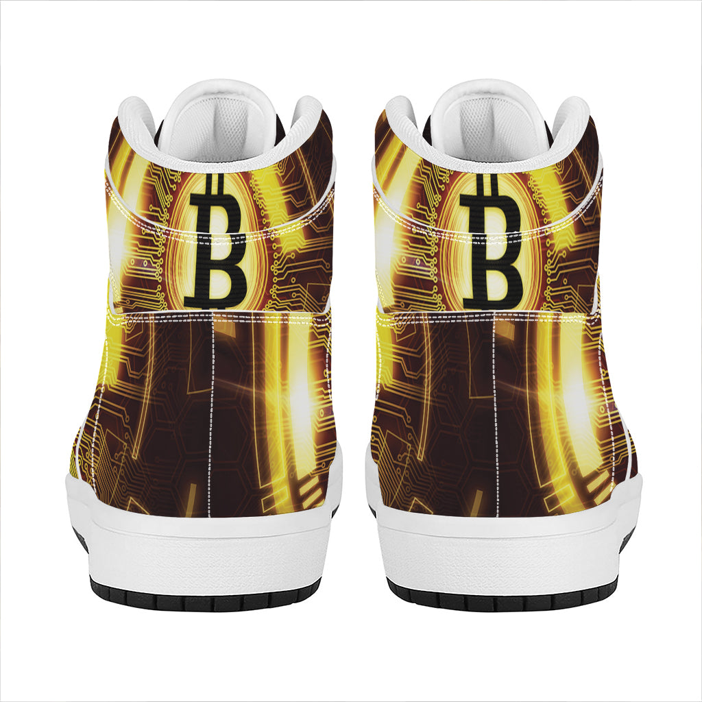Bitcoin Crypto Symbol Print High Top Leather Sneakers