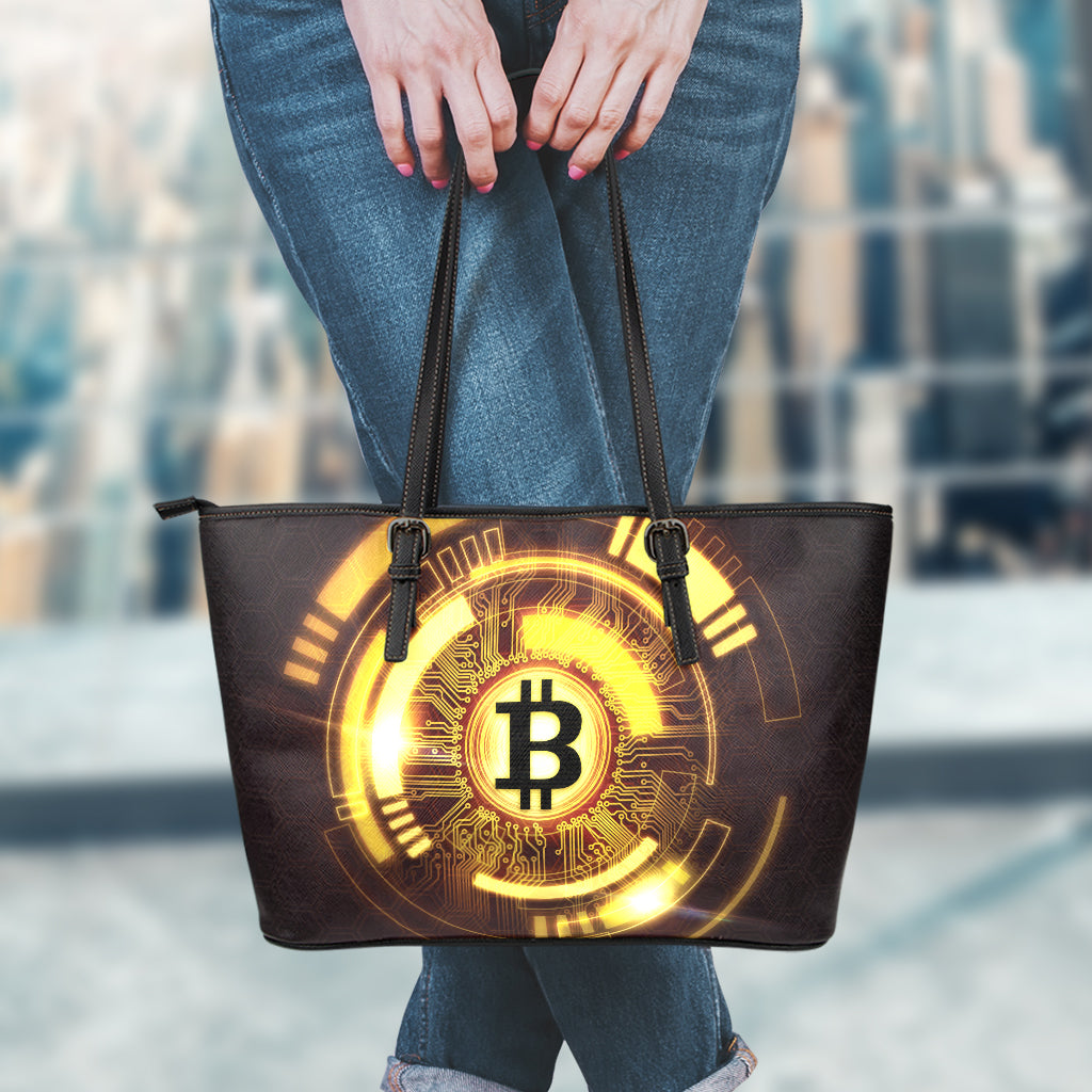Bitcoin Crypto Symbol Print Leather Tote Bag