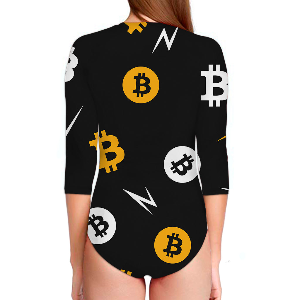 Bitcoin Symbol Pattern Print Long Sleeve Swimsuit