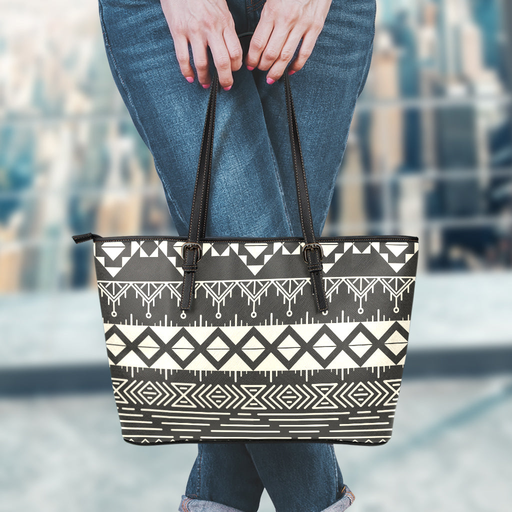 Black And Beige Aztec Pattern Print Leather Tote Bag