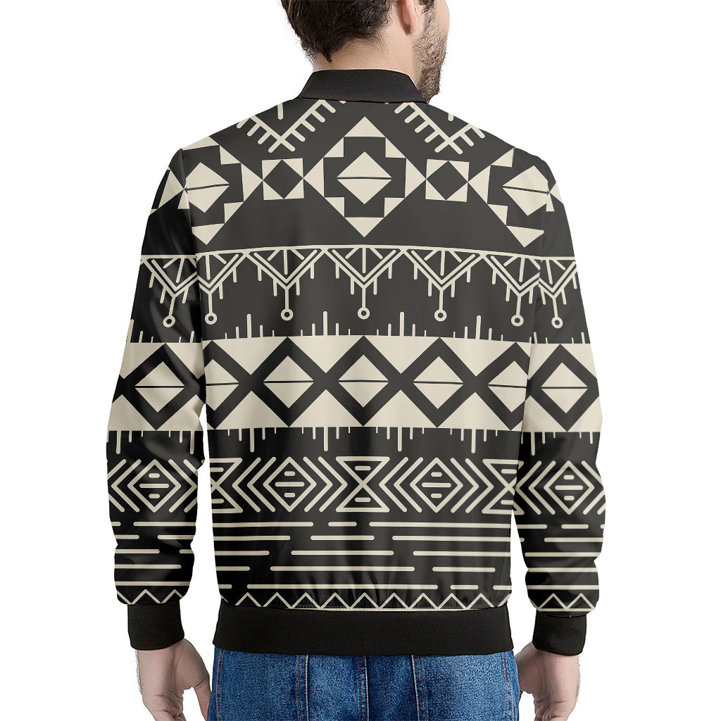 Black And Beige Aztec Pattern Print Men's Bomber Jacket