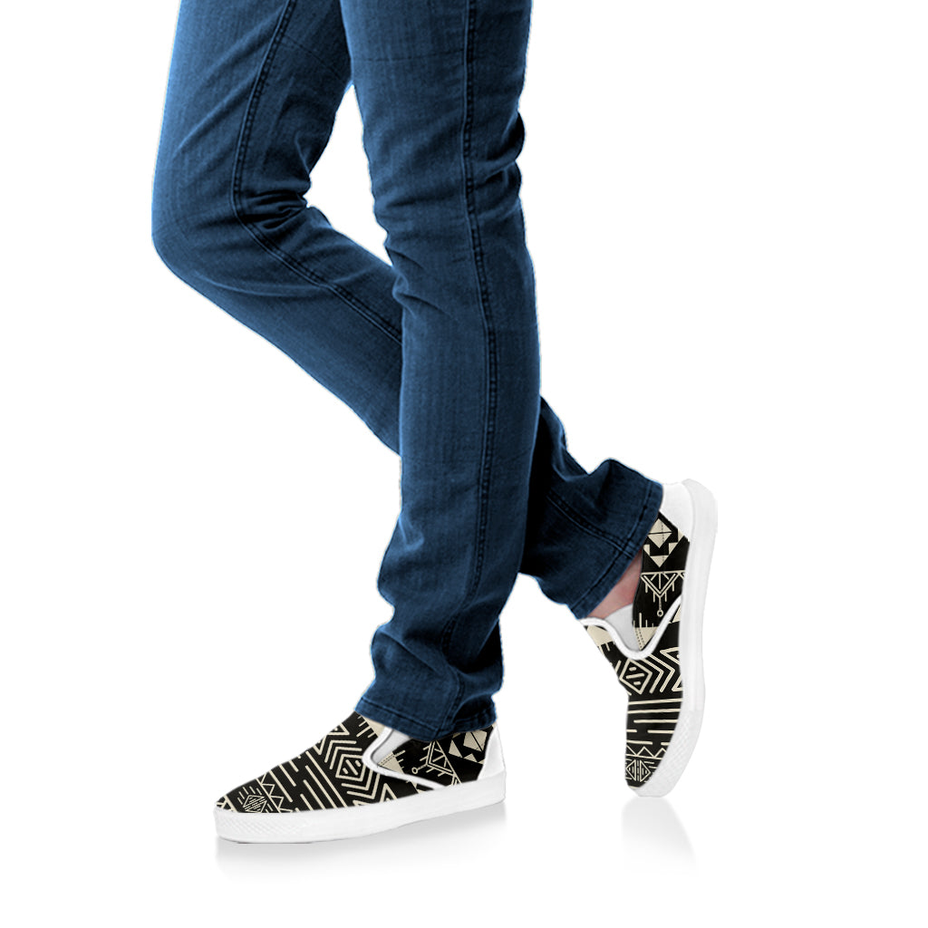 Black And Beige Aztec Pattern Print White Slip On Sneakers
