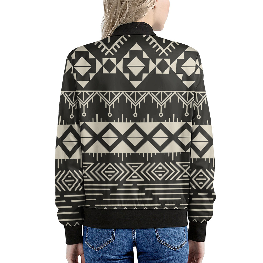 Black And Beige Aztec Pattern Print Women's Bomber Jacket