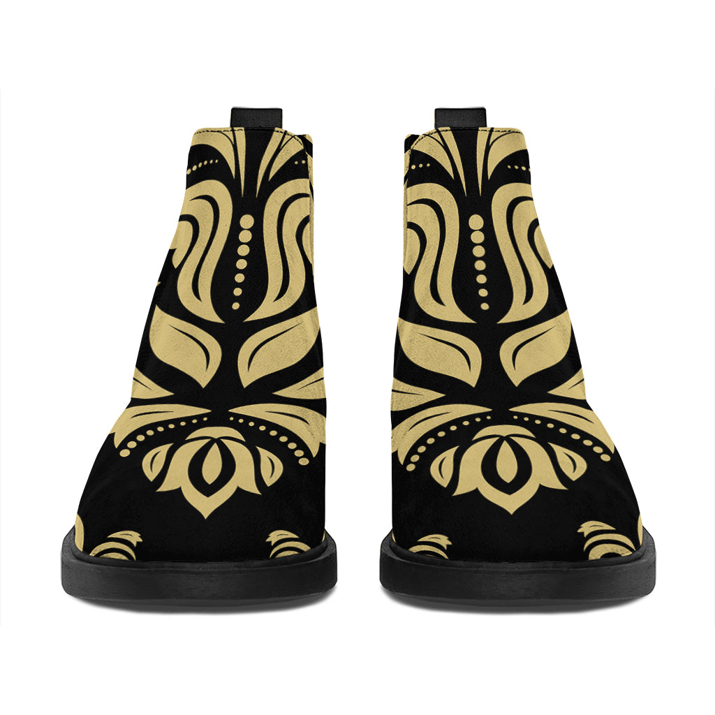 Black And Beige Damask Pattern Print Flat Ankle Boots