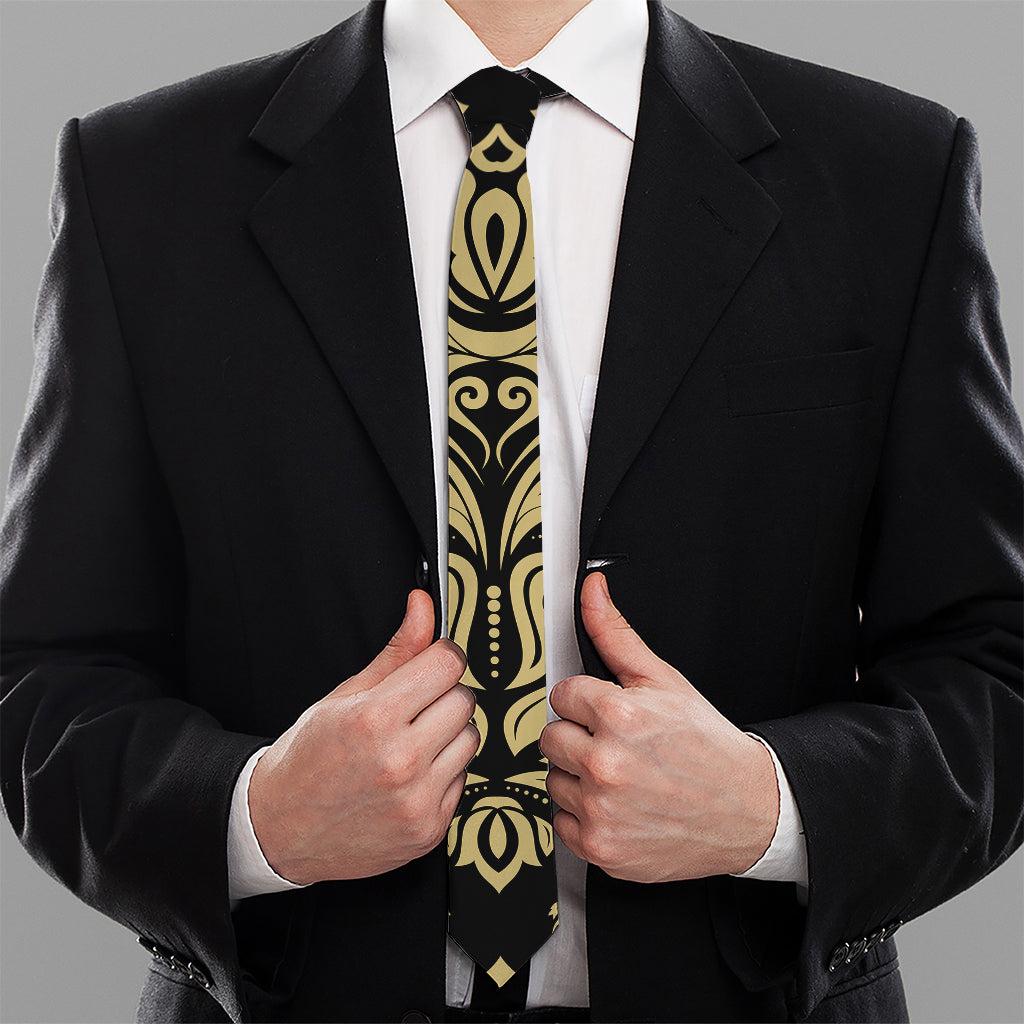 Black And Beige Damask Pattern Print Necktie