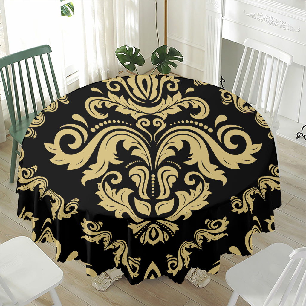 Black And Beige Damask Pattern Print Waterproof Round Tablecloth