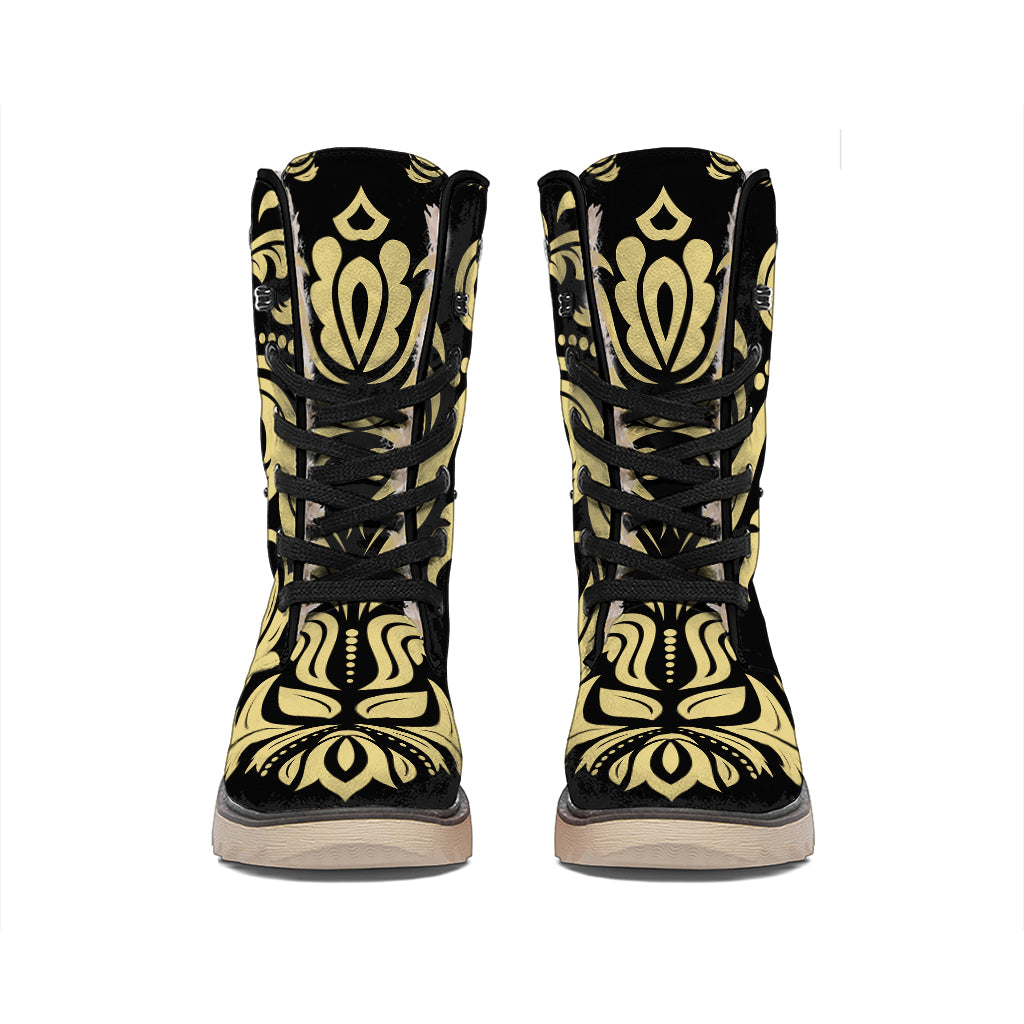 Black And Beige Damask Pattern Print Winter Boots