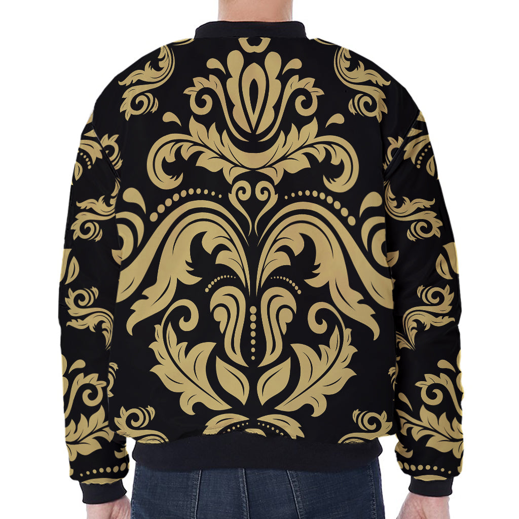 Black And Beige Damask Pattern Print Zip Sleeve Bomber Jacket