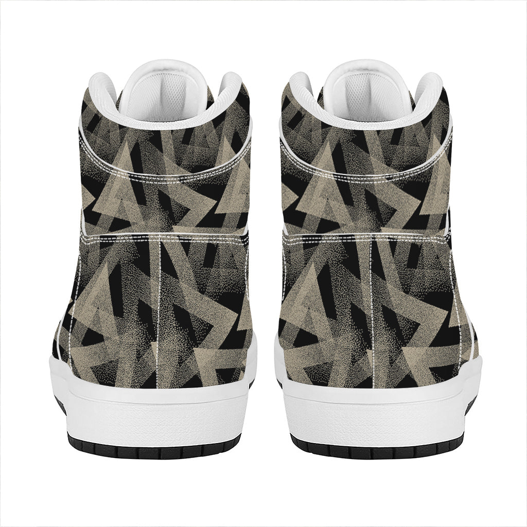 Black And Beige Geometric Triangle Print High Top Leather Sneakers