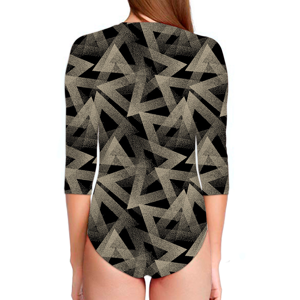 Black And Beige Geometric Triangle Print Long Sleeve Swimsuit