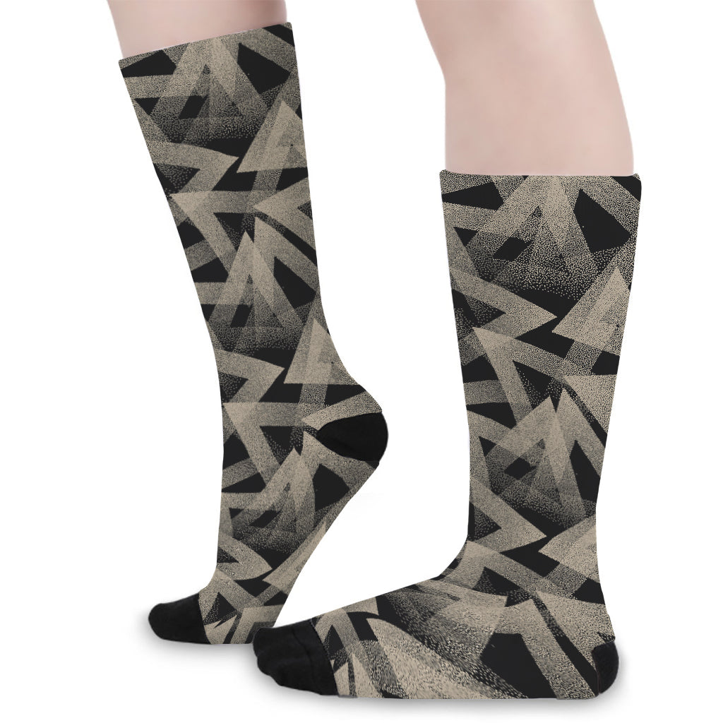 Black And Beige Geometric Triangle Print Long Socks