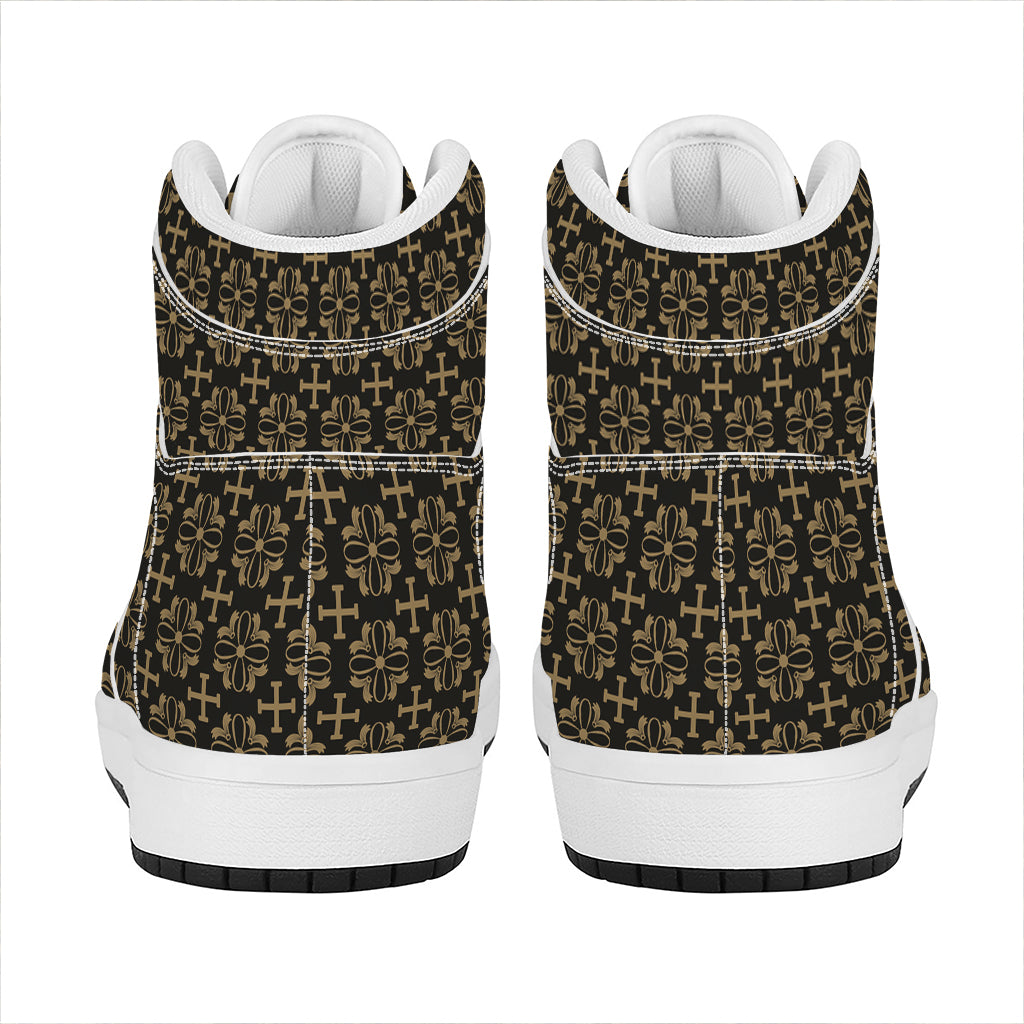 Black And Beige Orthodox Pattern Print High Top Leather Sneakers