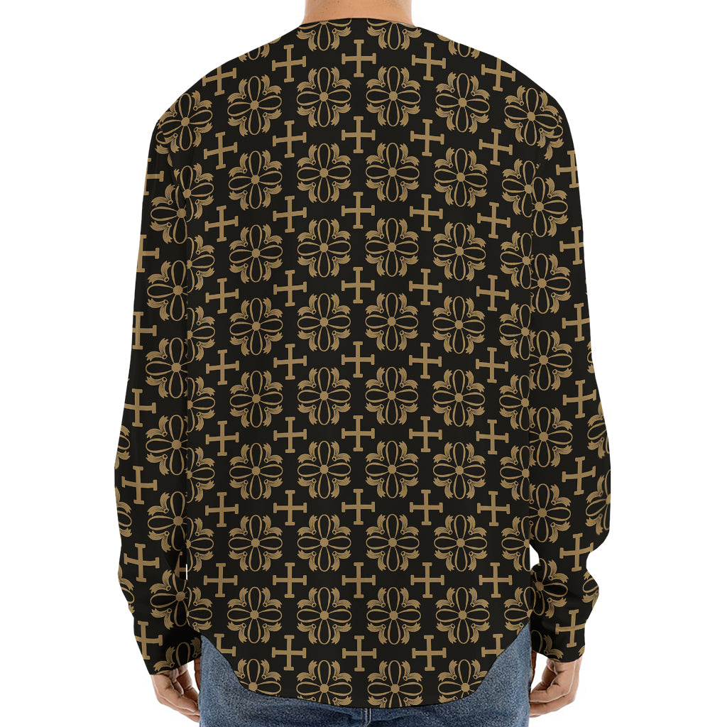 Black And Beige Orthodox Pattern Print Long Sleeve Baseball Jersey