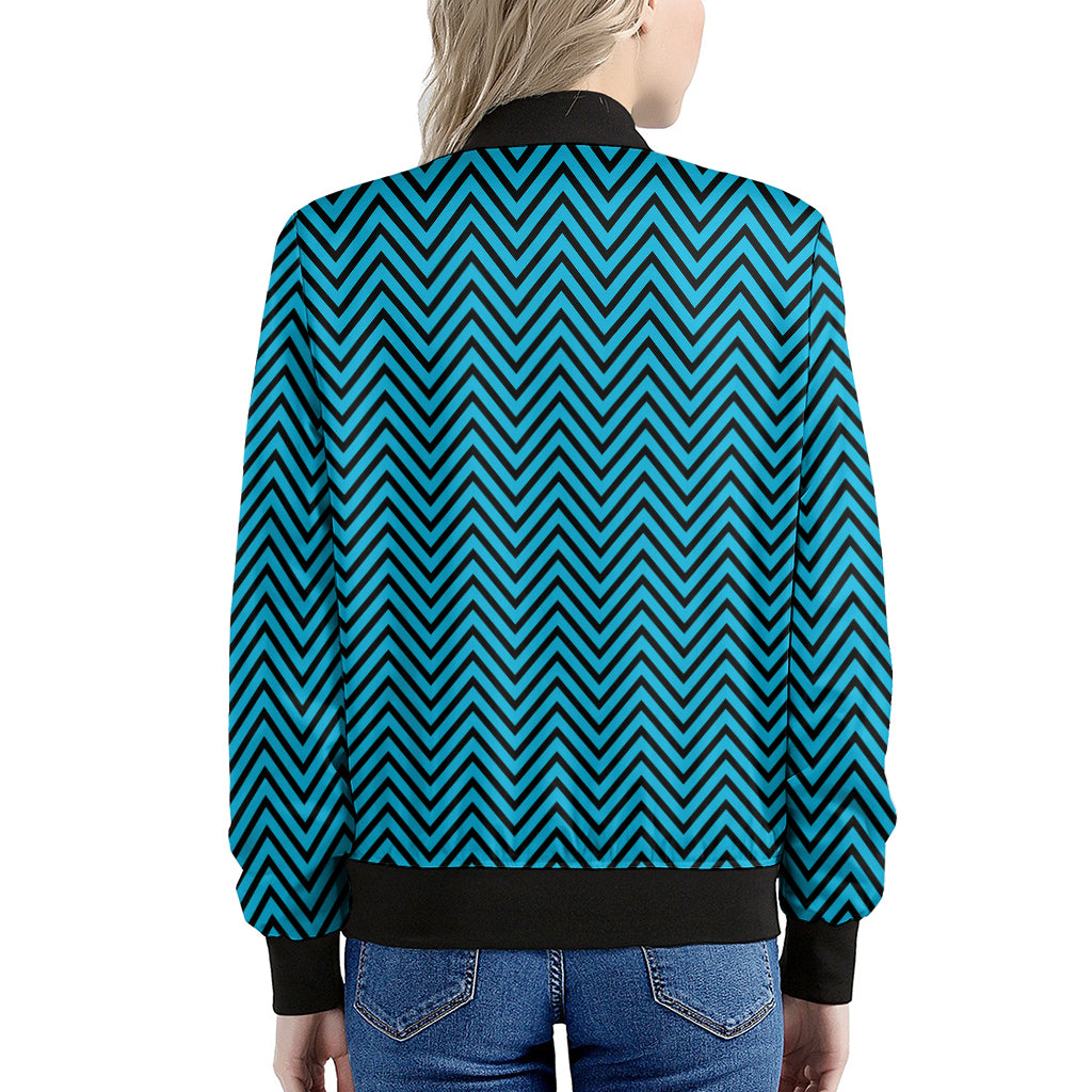 Black And Blue Chevron Pattern Print Women's Bomber Jacket