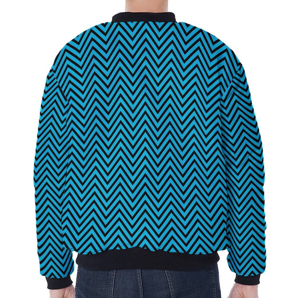 Black And Blue Chevron Pattern Print Zip Sleeve Bomber Jacket