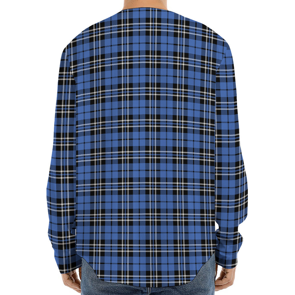 Black And Blue Tartan Pattern Print Long Sleeve Baseball Jersey