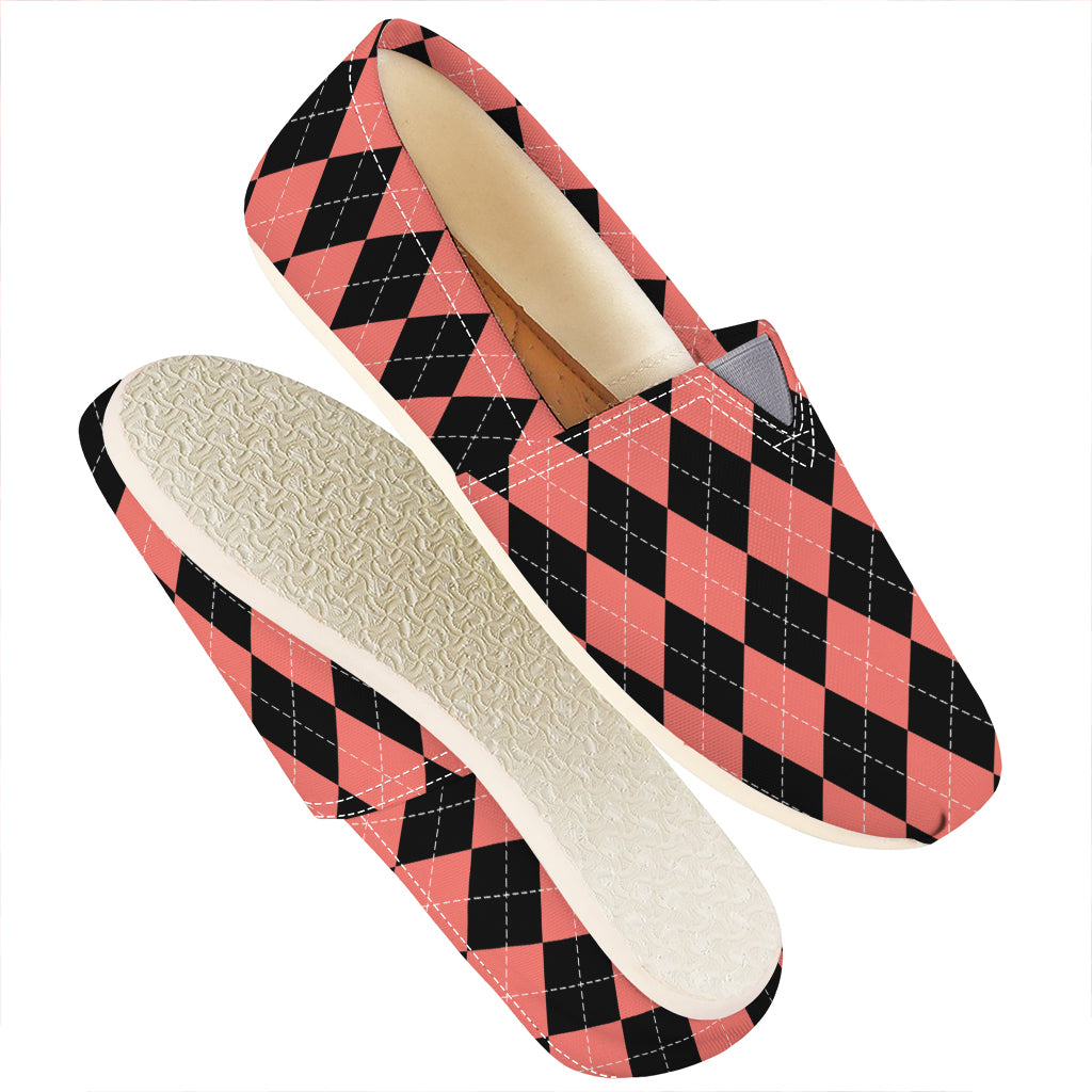 Black And Coral Argyle Pattern Print Casual Shoes