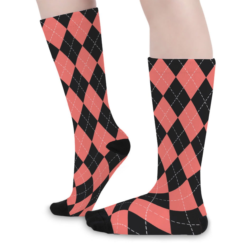 Black And Coral Argyle Pattern Print Long Socks