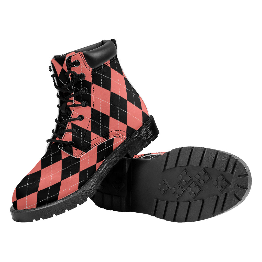 Black And Coral Argyle Pattern Print Work Boots