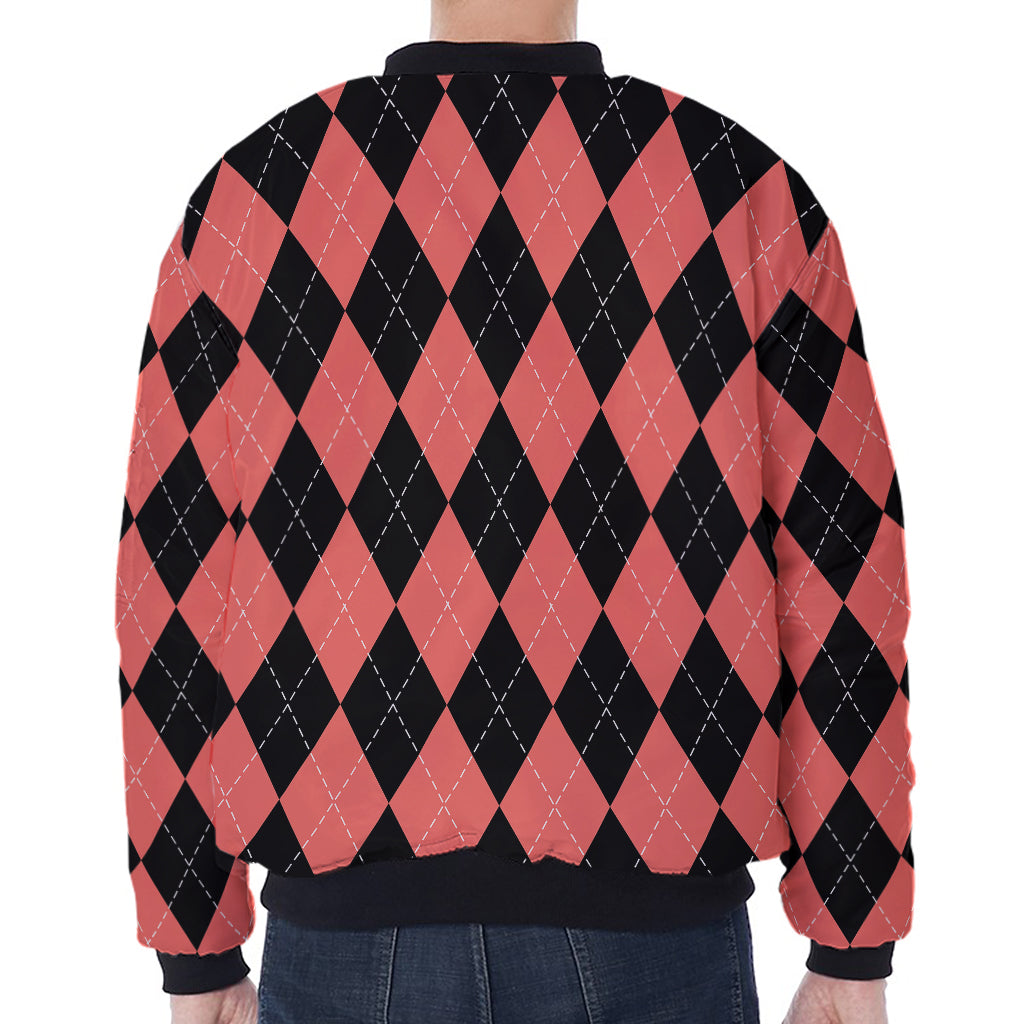 Black And Coral Argyle Pattern Print Zip Sleeve Bomber Jacket