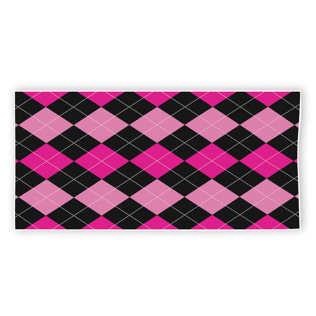 Black And Deep Pink Argyle Pattern Print Beach Towel