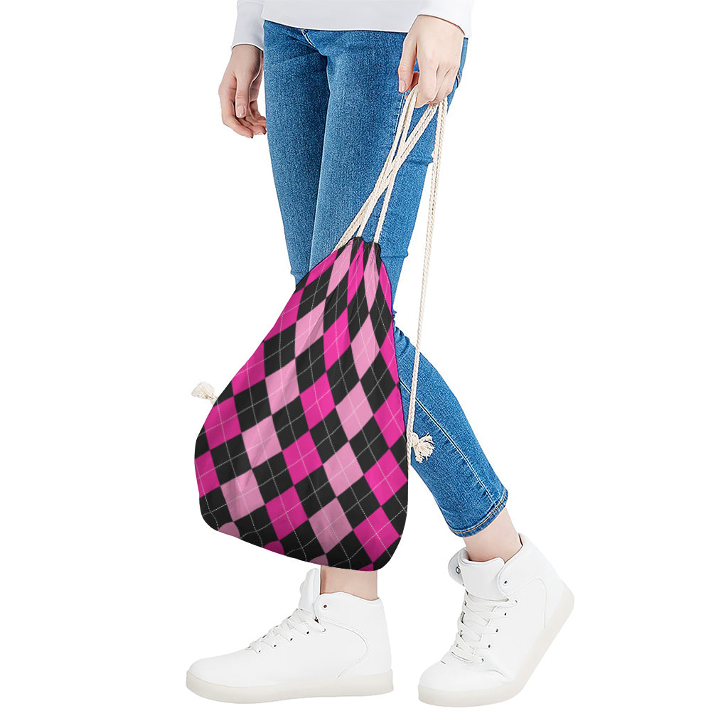 Black And Deep Pink Argyle Pattern Print Drawstring Bag