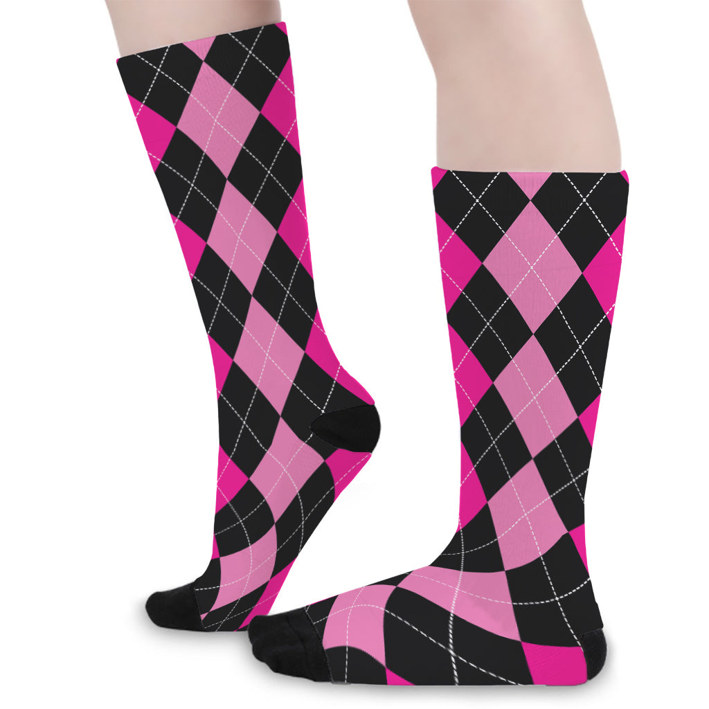 Black And Deep Pink Argyle Pattern Print Long Socks