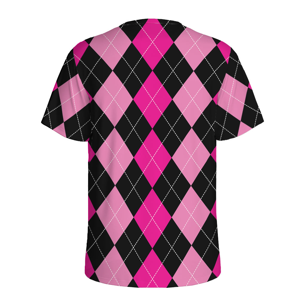 Black And Deep Pink Argyle Pattern Print Men's Sports T-Shirt