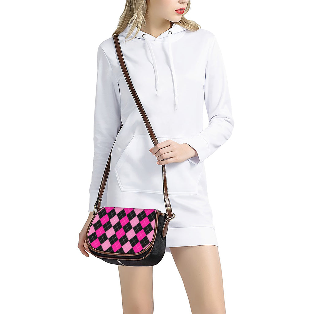 Black And Deep Pink Argyle Pattern Print Saddle Bag
