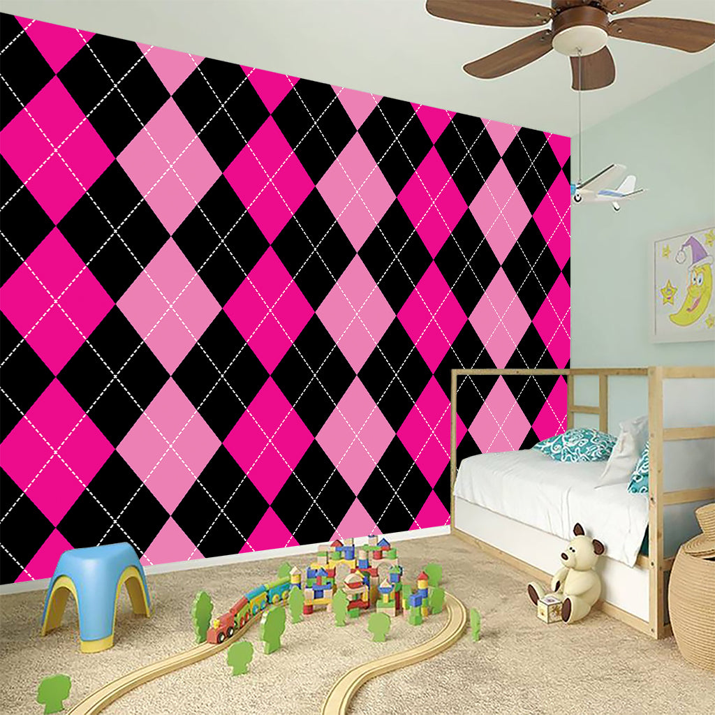 Black And Deep Pink Argyle Pattern Print Wall Sticker