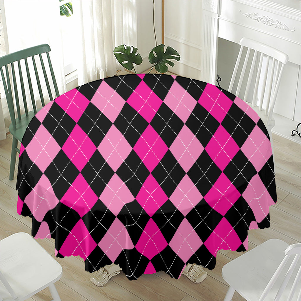 Black And Deep Pink Argyle Pattern Print Waterproof Round Tablecloth
