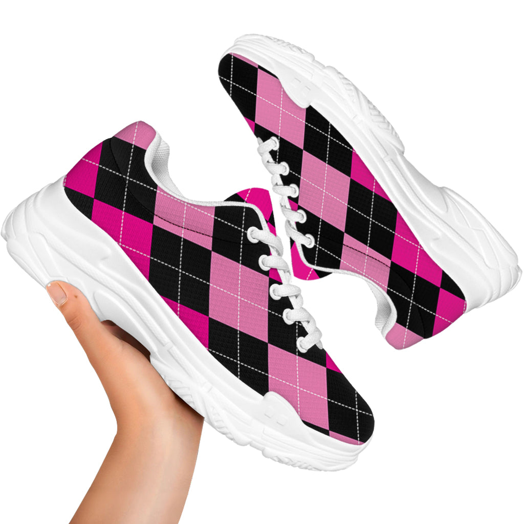 Black And Deep Pink Argyle Pattern Print White Chunky Shoes