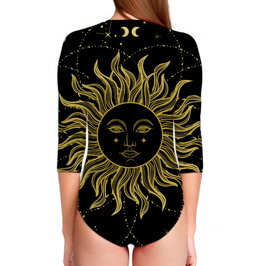 Black And Gold Celestial Sun Print Long Sleeve Swimsuit