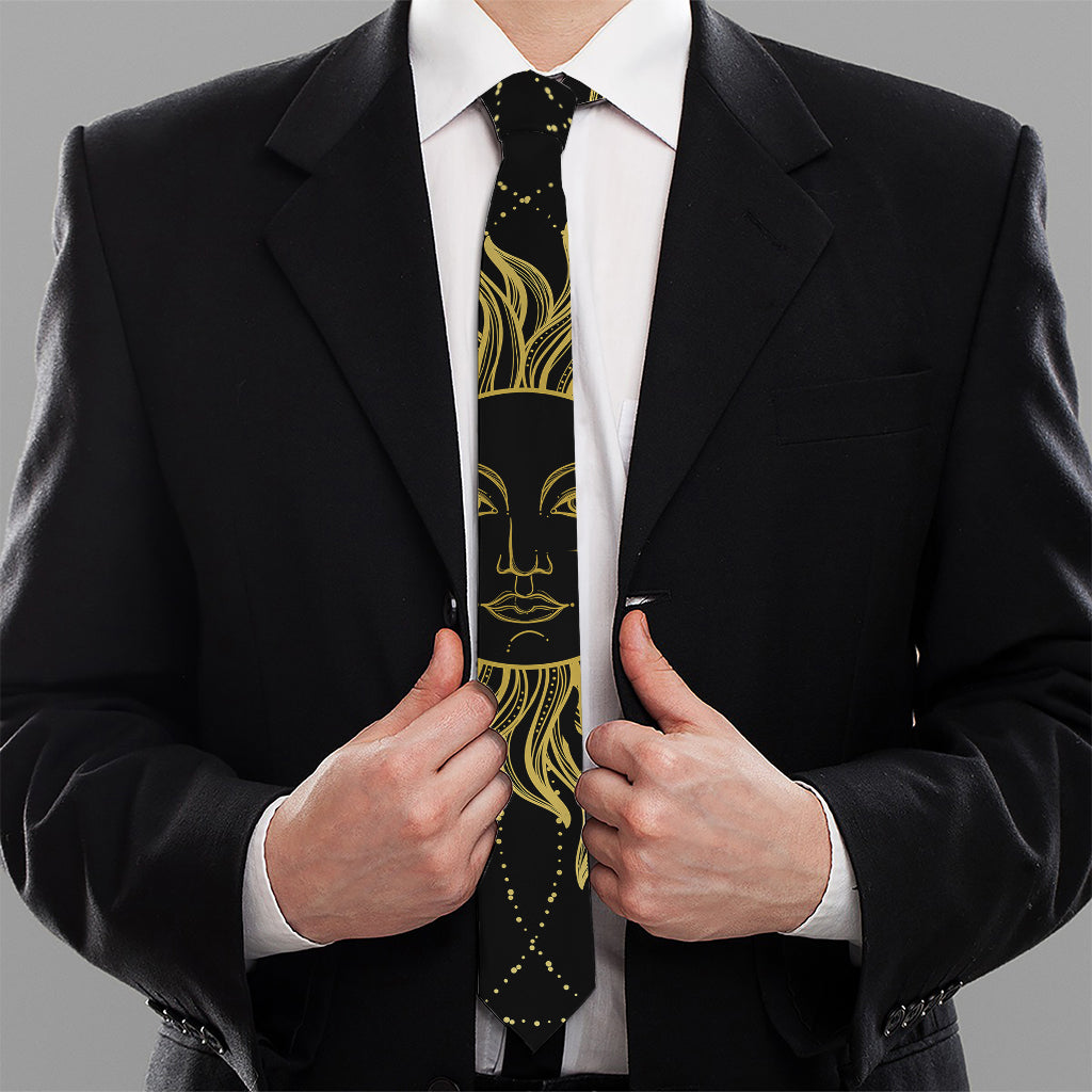 Black And Gold Celestial Sun Print Necktie
