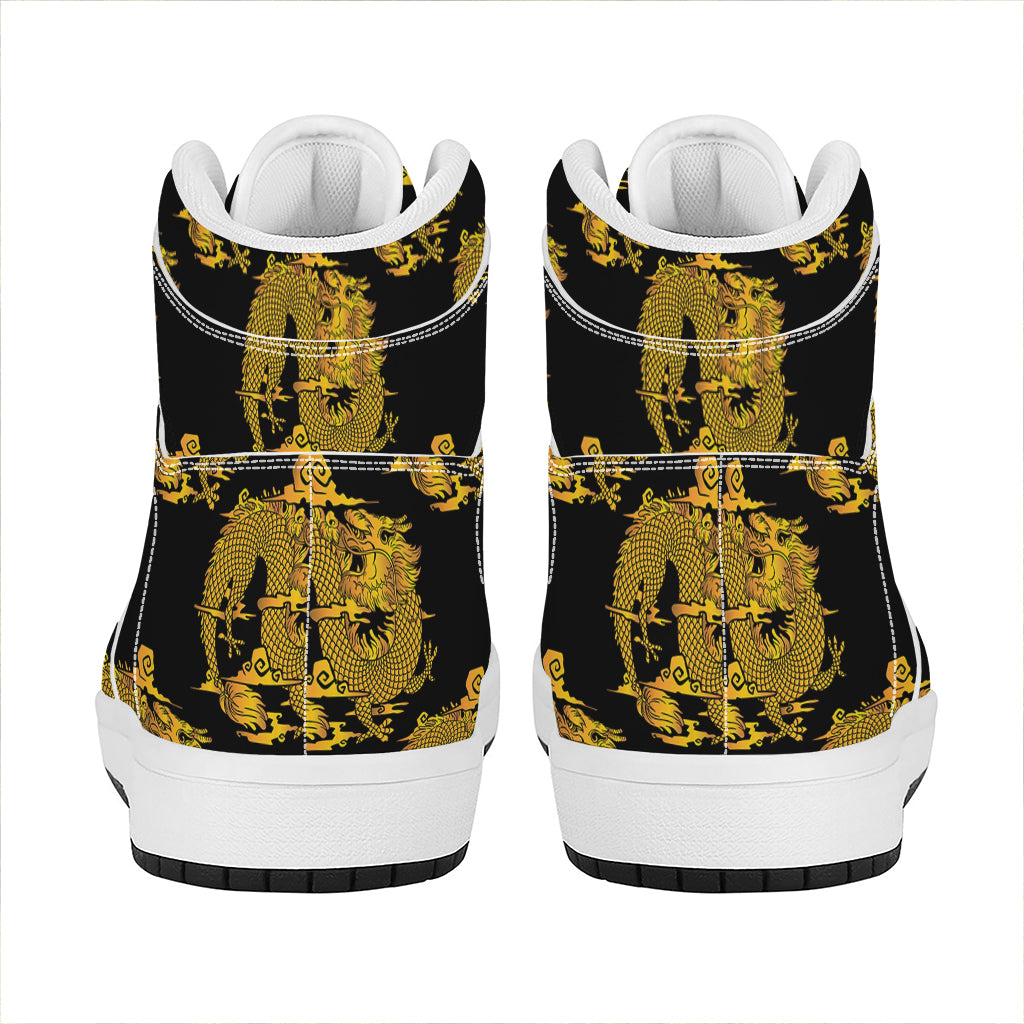 Black And Gold Dragon Pattern Print High Top Leather Sneakers