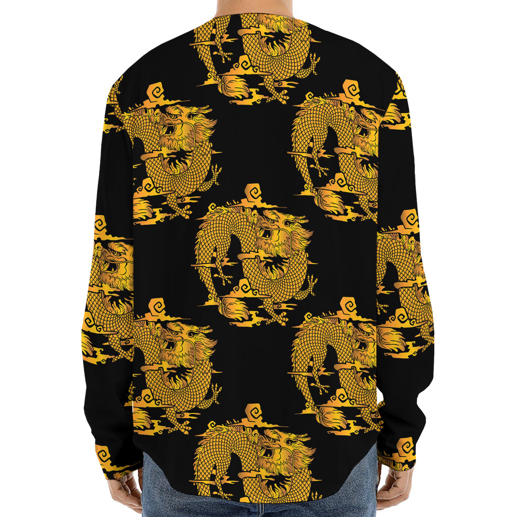 Black And Gold Dragon Pattern Print Long Sleeve Baseball Jersey