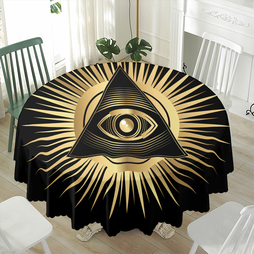 Black And Gold Eye of Providence Print Waterproof Round Tablecloth