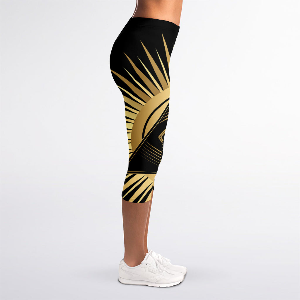 Black And Gold Eye of Providence Print Women's Capri Leggings