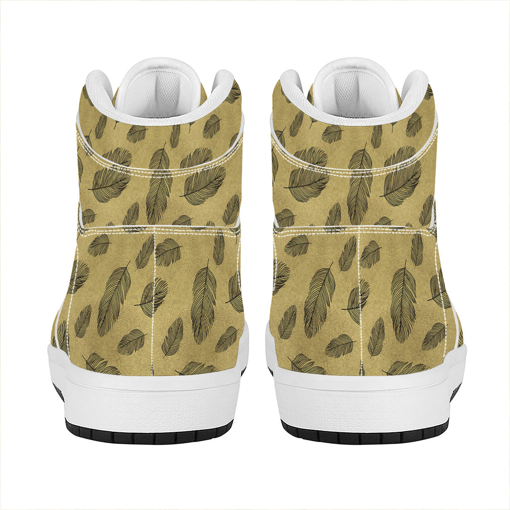Black And Gold Feather Pattern Print High Top Leather Sneakers