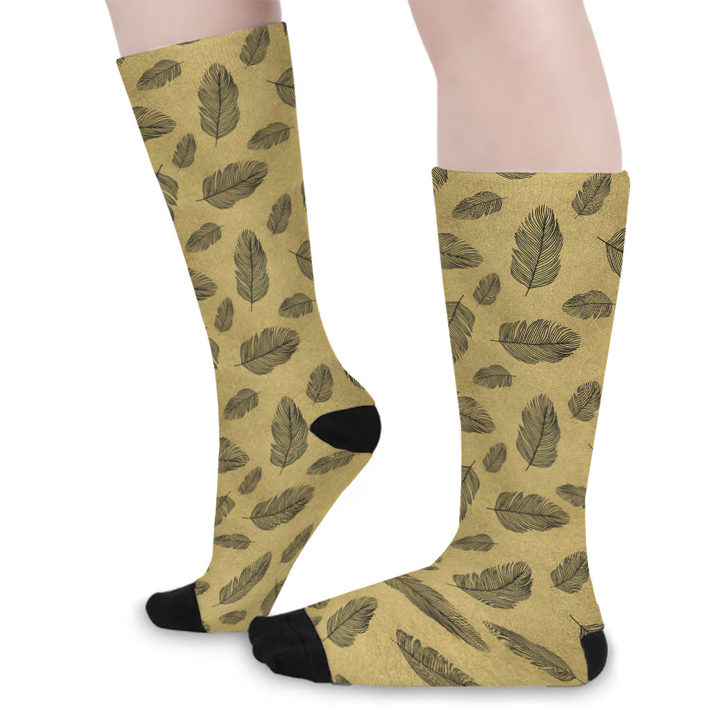 Black And Gold Feather Pattern Print Long Socks