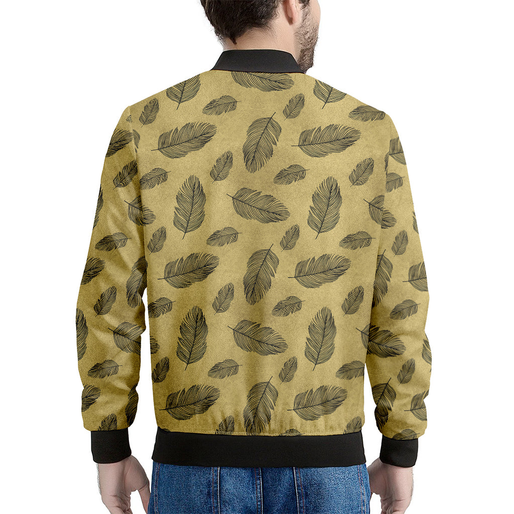 Black And Gold Feather Pattern Print Men's Bomber Jacket